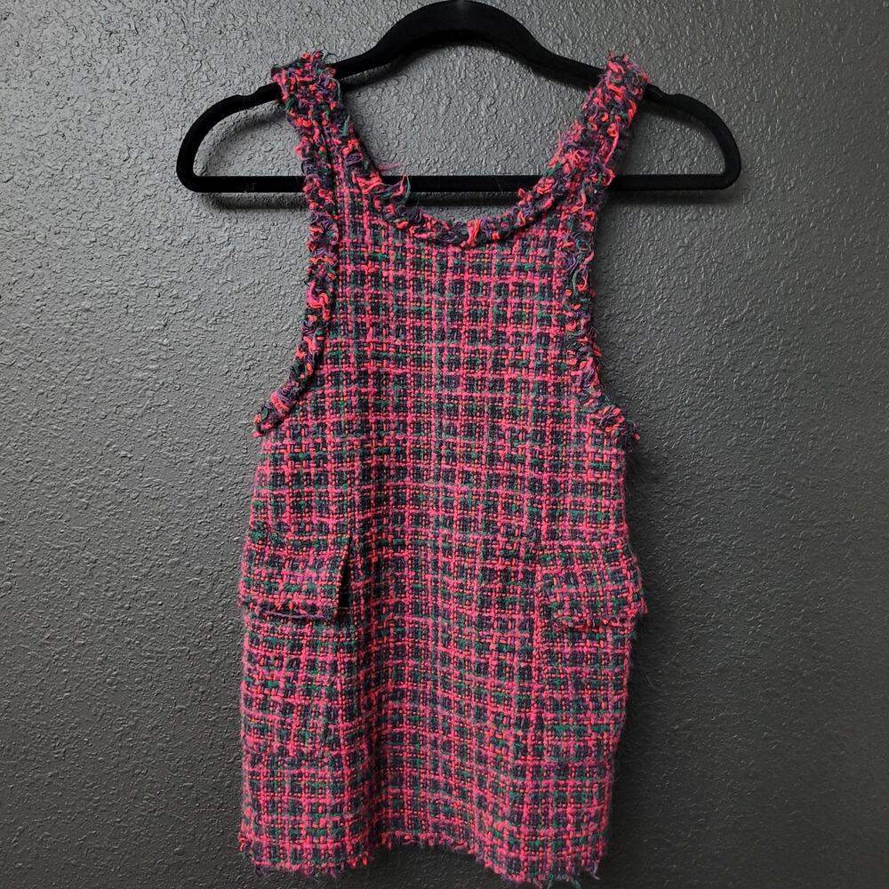 Zara Girl’s Size 8 Tweed Mini Dress Pink Green Plaid Fringe Trim Pockets